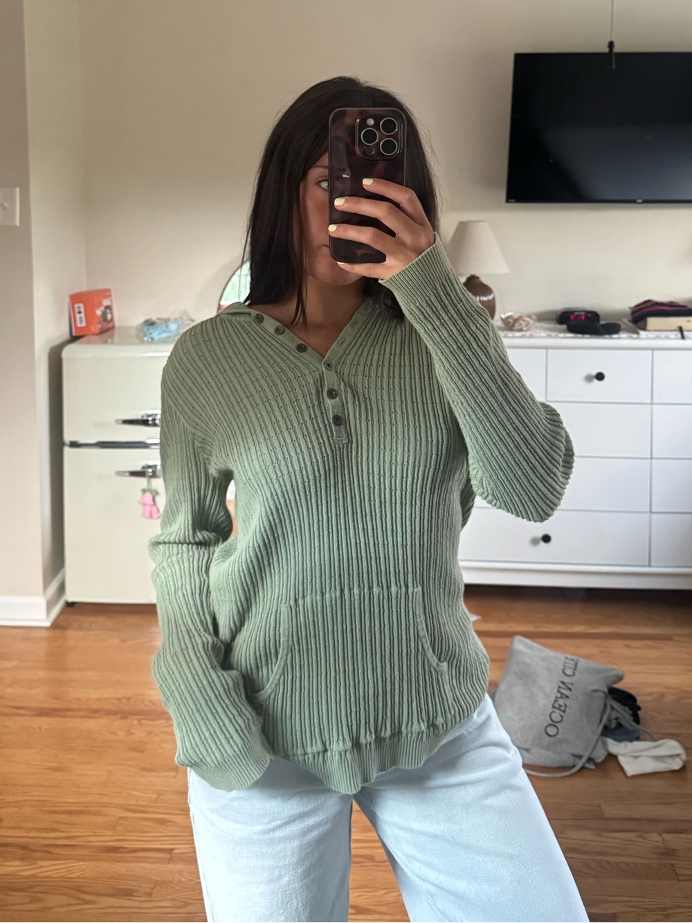Green Ribbed Button Up Sweater